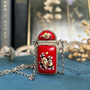 Vintage Red Floral Enamel Pill Box Pendant Necklace